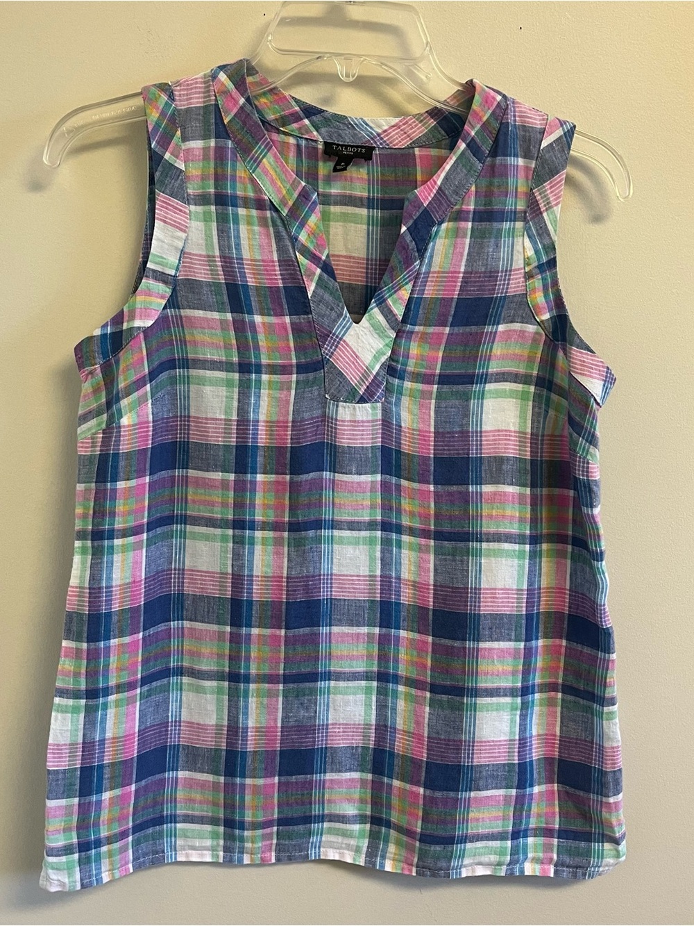 Talbots Linen Womens Petite Multicolor Plaid Sleeveless V-Neck Blouse Coastal